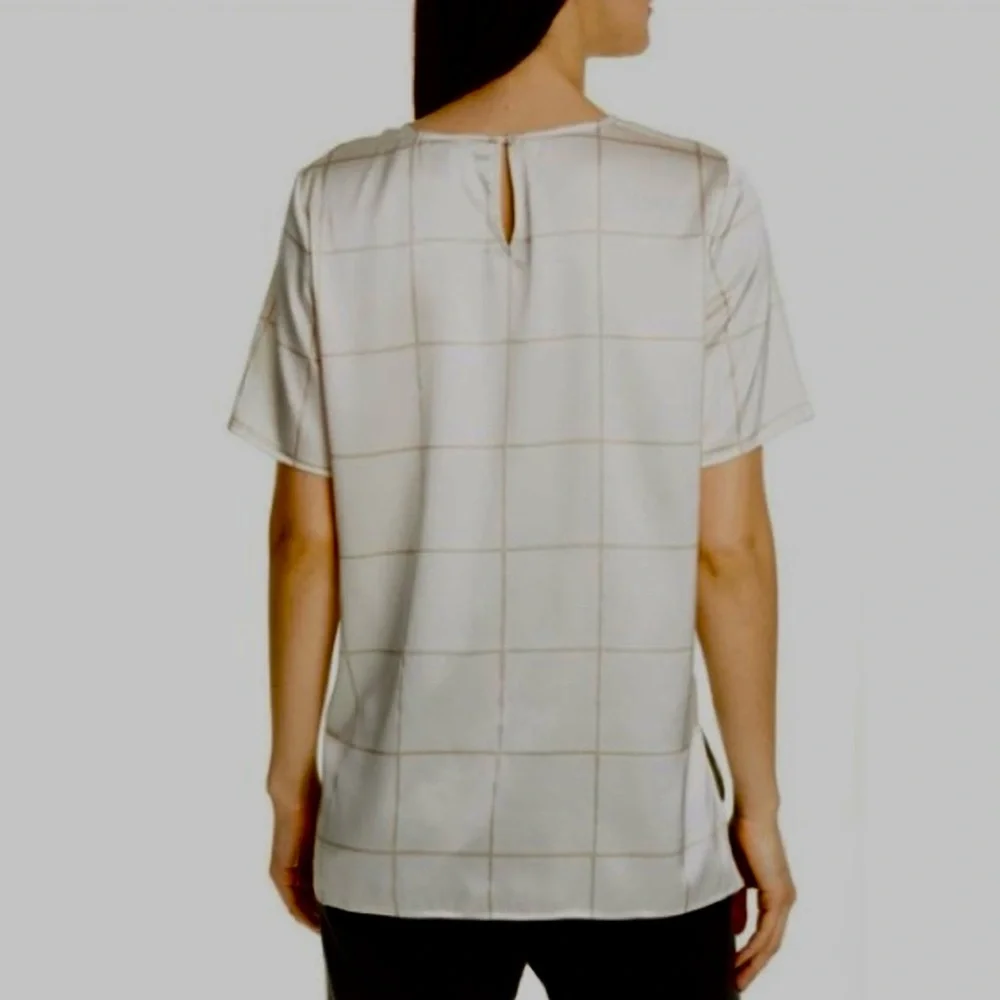 Eileen Fisher Silk Jewel Neck Short Sleeve Box Top Cream Blouse Size Large - Picture 7 of 13